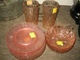 TWO PINK GLASS TUMBLERS , 8 SIX INCH PLATES, 3 ONE HANDLE BOWLS, PINK GLASS