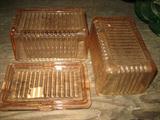 TWO PINK GLASS ONE POUND BUTTER DISH TOPS AND ONE MATCHING BASE, THE TOPS FIT THE ONE BASE ,