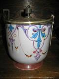 MILK GLASS DECORATED AND SILVER PLATE TOP , BISCUIT JAR