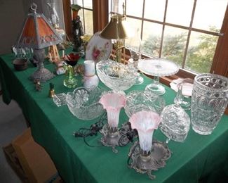 Come hear our crystal "ding"! Foooted cake plate, leaded glass lamp, art deco, bell with Bakelite handle, revolving Christmas candle holder.