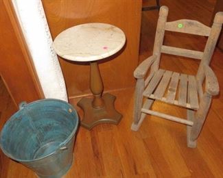 CHILDS VINTAGE ROCKER - MARBLE TOP PEDESTAL- ANTIQUE PAIL
