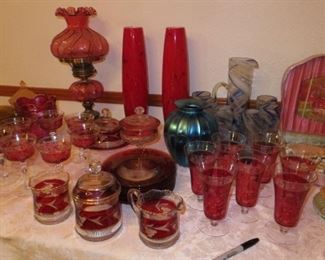 CRANBERRY GLASS - FENTON - HAND-BLOWN PITCHER SET