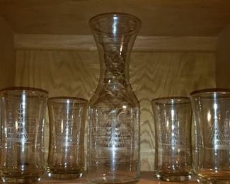 Etched Clipper Ship Glasses & Wine Carafe