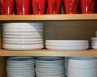 Home Trims Rave Red Coffee Cups & Crate & Barrel Bauhaus II White Dinnerware
