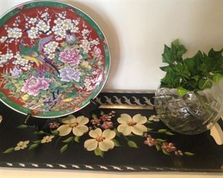 Another tole tray; decorative plate; rose bowl