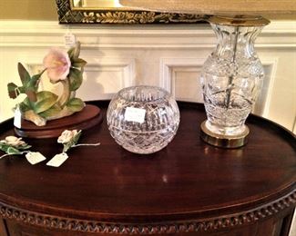 Porcelain flowers; rose bowl; Waterford lamp