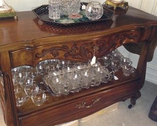 Drop-leaf tea cart; many punch cups