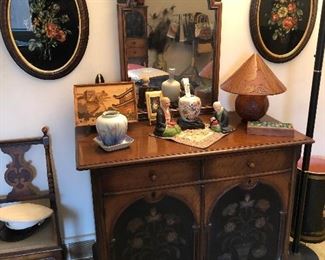 Late 1800's Early 1900's Burled, hand painted chest and armoire with matching twin beds and chair