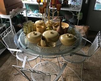 Metal table & chairs w/yellow ware pottery & baker's rack