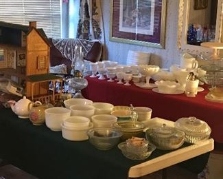 Lots of glassware...depression, milk glass & vintage doll house