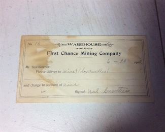 Antique Mining Script First Chance Mining Company  1902