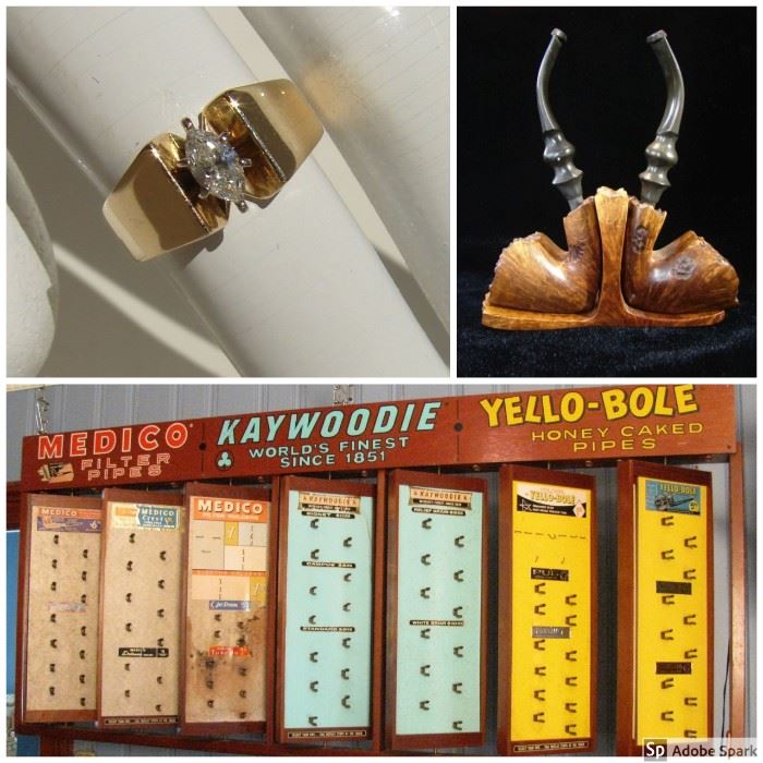 Wall Sized Vintage Rotating Pipe Display Feat. Medico, Kaywoodie, Yello-Bole, plus (Lot 101), Ladies vintage 14K yellow Gold Marquee Diamond Ring .42Ct VS2 (Lot 151),