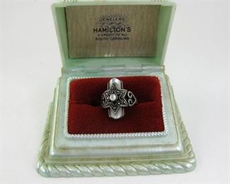 Lot 177 - Ladies Vintage Art Deco Sterling Silver MOP and Marcasite Ring

