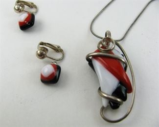 LOT 248: Sterling Silver Chain w/ Art Glass Pendant and Matching Earrings
