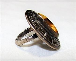 LOT 192: Vintage Sterling Silver and Tigers Eye Adjustable Ring
