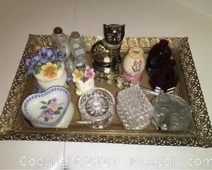 Mirror Dresser Tray with Ladies Vanity Items, including 2 reverse painted jade lid perfume bottles, 2 red Wheaton Bottles, Royal Adderley and Aynsley porcelain flowers, more.