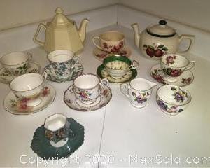 Tea Pots and Teacups. Includes Queen Anne Cream and Sugar, Royal Grafton, Royal Standard, Aynsley, Tuscan, more.