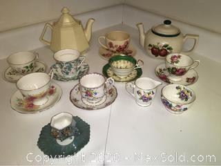 Tea Pots and Teacups. Includes Queen Anne Cream and Sugar, Royal Grafton, Royal Standard, Aynsley, Tuscan, more.
