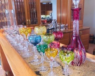 fine collection of colored Czech  stemware with matching decanter