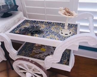 blue  and yellow tiled tea cart