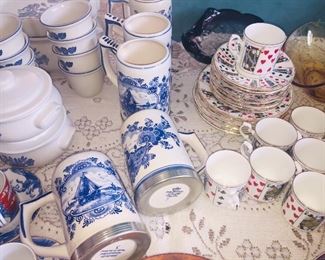 Blue and white including tankards with silver bands