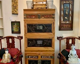 Chinese Bamboo Cupboard with Lacquer Panels; Pair of Chinese Ancestor Chairs; Carved Lacquer Temple Pieces
