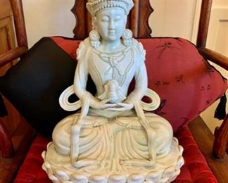 Celedon QuanYin on Lotus (Red Brocade Fitted Box), 17" Tall