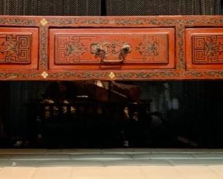Chinese Red Lacquer Low Table with Dragon and Phoenix Etched on Top