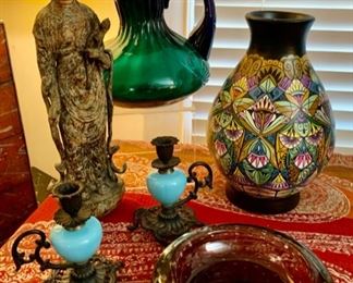 French Glass and Iron Candle Holders; Murano Controlled Bubble Bowl; Artisan Vase; More