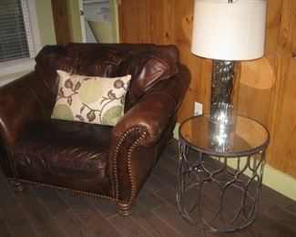 leather club chair and round metal end table with mirrored top (1 of 4)