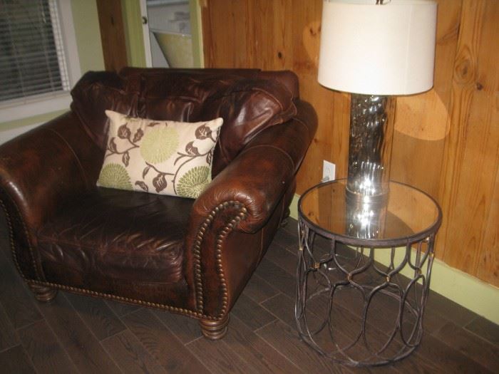 leather club chair and round metal end table with mirrored top (1 of 4)