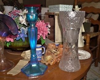 Irridescent glass candlestick and crystal vase