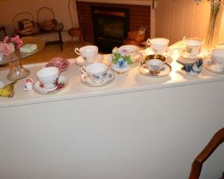Pedestal Cake Plate, Tea Cups Saucers of various names including Royal Albert