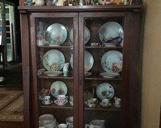 Antique OakChina Cabinet, Bird Collection, Handpainted China