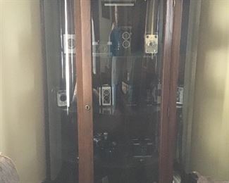 Collection of Vintage Cameras, Oak China Cabinet, Pottery