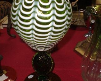 12"green opalescent art glass footed rose bowl with Jenny Lind medallion stem