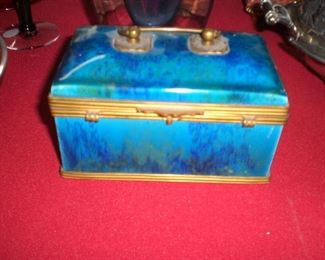 Serves blue Flambe' glazed dresser box with bronze mounts