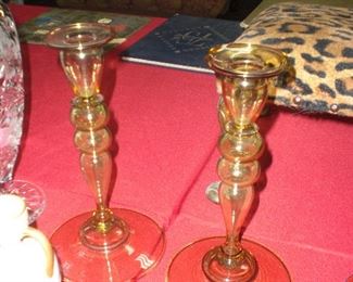pair 10" Steuben amber transparent candlesticks #2956