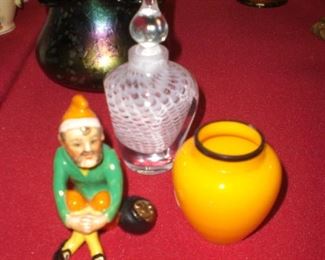 Austrian Leprechaun, art glass perfume, Czech. art glass vase, etc.