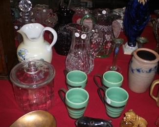 glass cigar humidor, Bauer pottery mugs, enameled bristol art glass pitcher