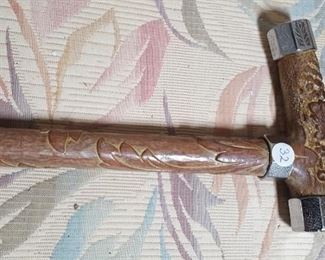 Carved walking stick with engraved nickel plate a mounts