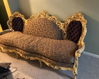 Victorian wood carved sofa 92" inches with a matching chair in the next pic. This was newly upholstered in the eggplant leaf fabric with plum velvet tufted backs as shown