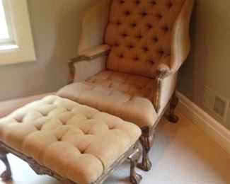 Light Gold chenille tufted wing chair with matching ottoman.  Claw & ball feet.  This is at my off site sale, call to view