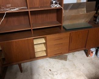 Vintage Mid Century buffet with matching upper unit, glass doors & lights for shelf included