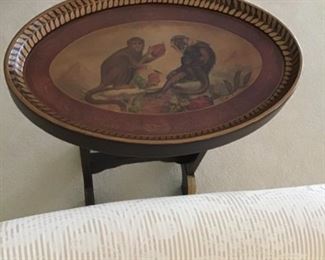 Oval Side Table Monkey Motif/wood legs