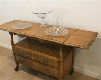  Serving cart-Solid wood- 2 drop leaf sides with storage beneath. On rollers