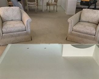 Pr. off white sidechairs, large square  mirrorred coffee table. 5ft x 3ft