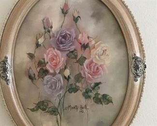 Original Marty Bell signed Oil in Oval Frame ( Roses)