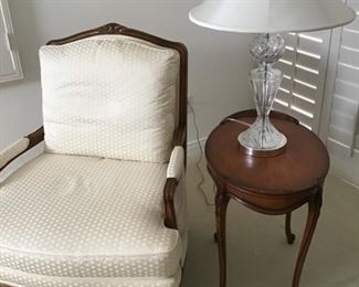 Pr. of matching side chairs with table. crystal lamp has silk shade