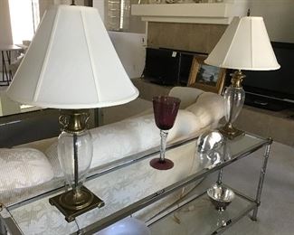 LOng entry way or sofa table, chrome & glass, pair of drystal & glass lamps
